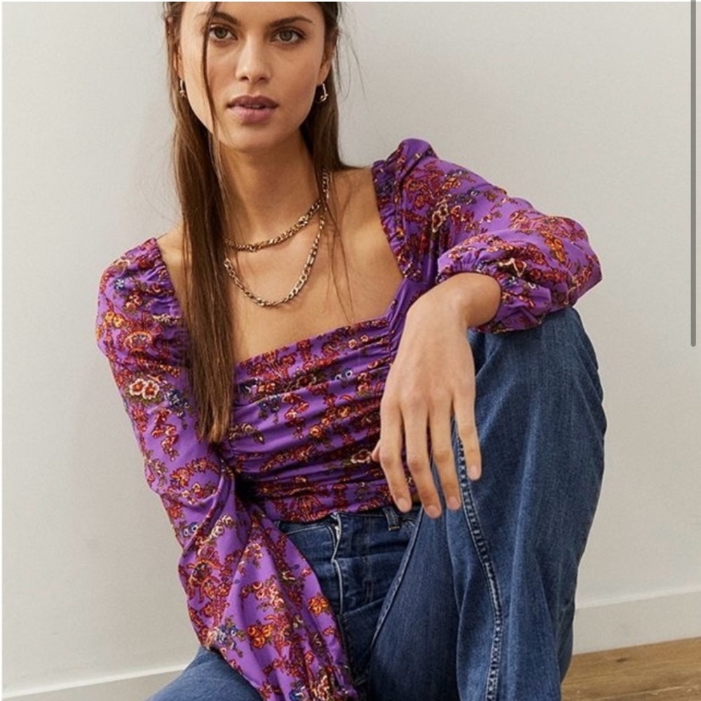 Urban Outfitters Bambi Floral Ruched Front Top Long Bubble Sleeves Size Medium